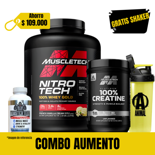 NITRO TECH WHEY GOLD 5 LIBRAS + CREATINA PLATINUM 80 SERVICIOS + MONSTER TEST 120 CAPS + SHAKER