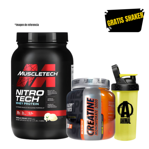NITRO TECH WHEY PROTEIN 2 LIBRAS + CREATINA HEALTHY SPORTS 100 SERVICIOS + SHAKER