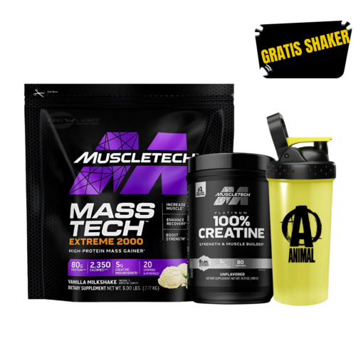 MASS TECH EXTREME 6 LIBRAS + CREATINA PLATINUM 80 SERVICIOS + SHAKER