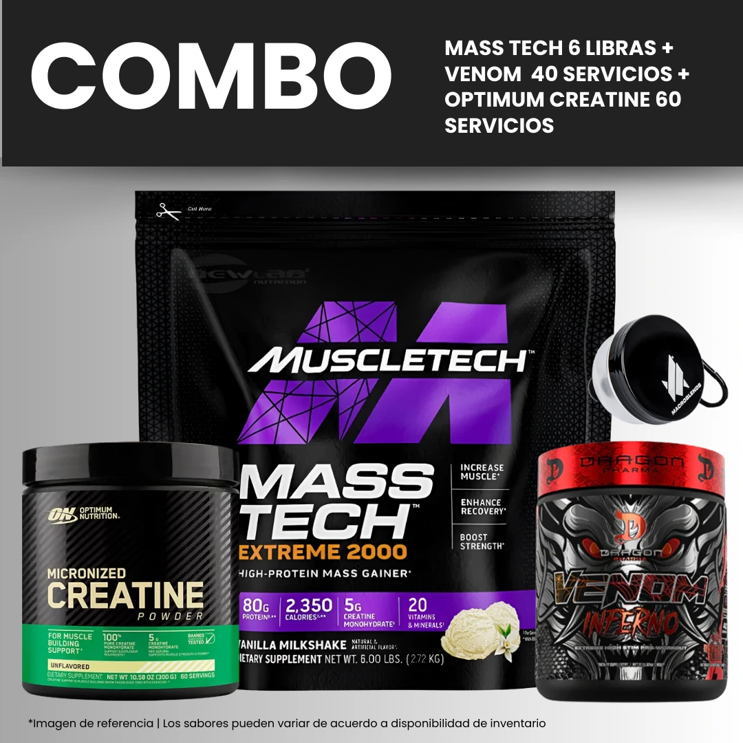 MASS TECH 6 LIBRAS + PREENTRENO VENOM 40 SERVICIOS + CREATINA OPTIMUM 60 SERVICIOS